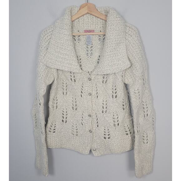 Hand Knit by Dollie Cardigan Womens M Wool Blend Sequin Button Ivory - Picture 1 of 9